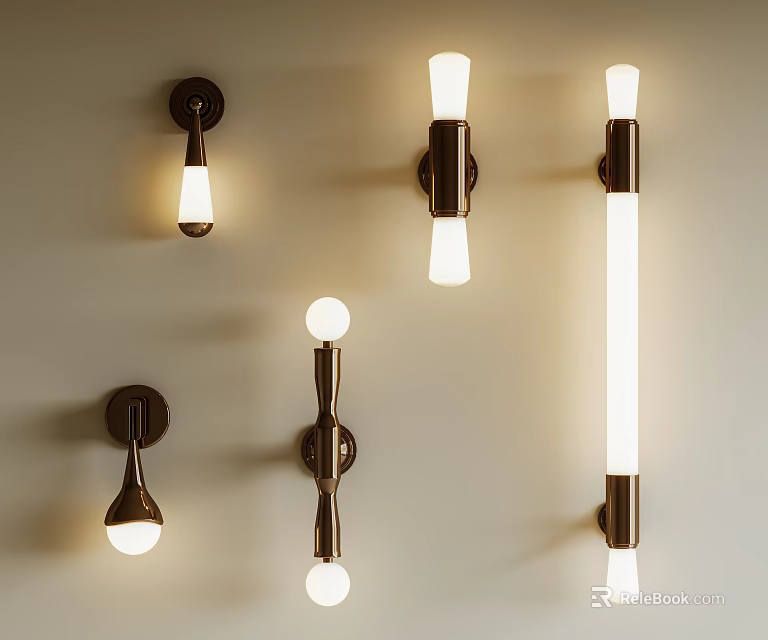 Modern Wall Lamps With Various Shapes And Metal Finish Illuminated On Wall 3d model 