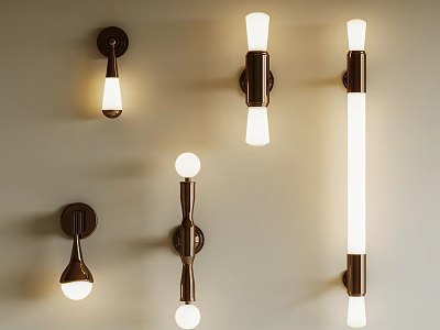 Modern Wall Lamps With Various Shapes And Metal Finish Illuminated On Wall 3d model