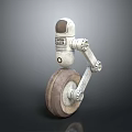 White Robotic Character With Mechanical Arm Large Wheel And Warning Label On Cylindrical Body