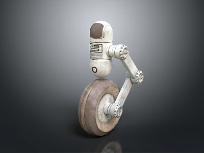White Robotic Character With Mechanical Arm Large Wheel And Warning Label On Cylindrical Body 3d model