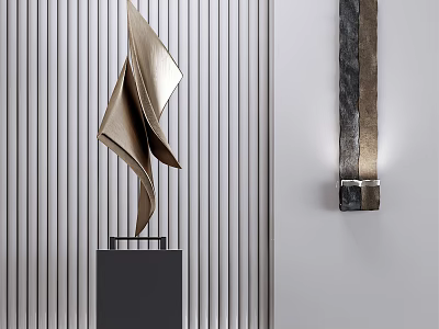 Modern Metal Sculptures Featuring Folded Design On Pedestal And Wall Mounted Against Vertical Striped Wall 3d model