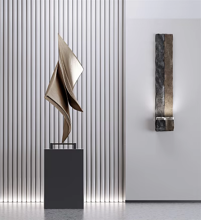 Modern Metal Sculptures Featuring Folded Design On Pedestal And Wall Mounted Against Vertical Striped Wall 3d model