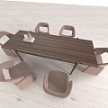 Modern Dining Table Set With Rectangular Walnut Wood Top And Six Light Brown Chairs 3d model