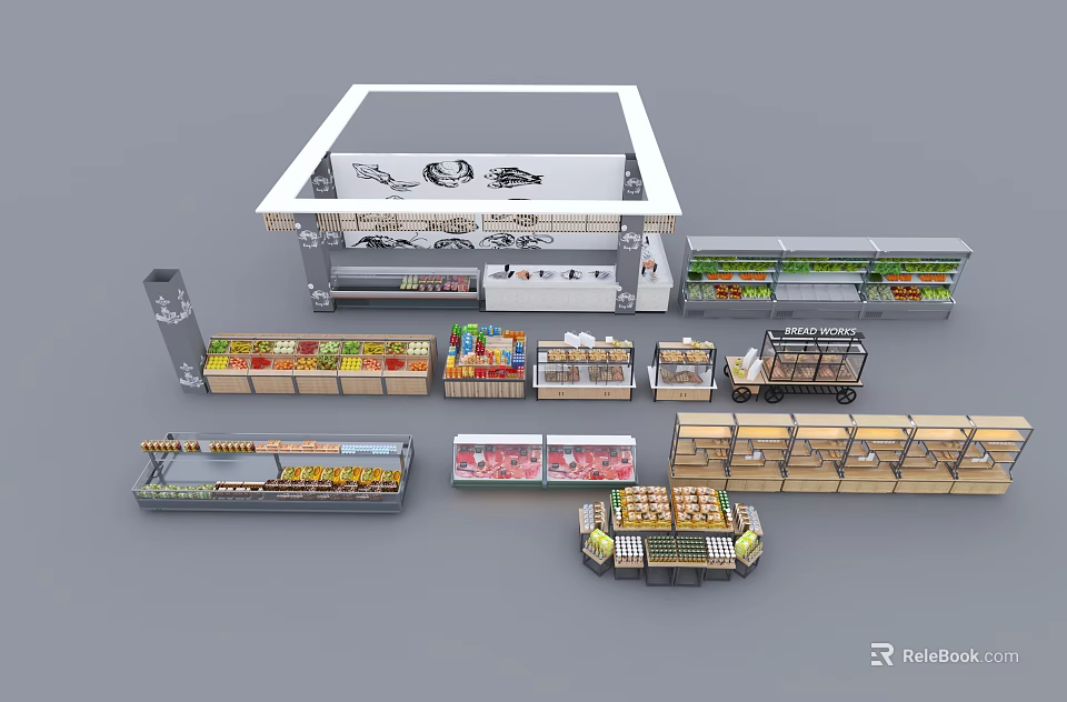 Supermarket Department Store Featuring Various Shelves Fresh Fruits Vegetables Meat and Baked Goods Displays 3d model 