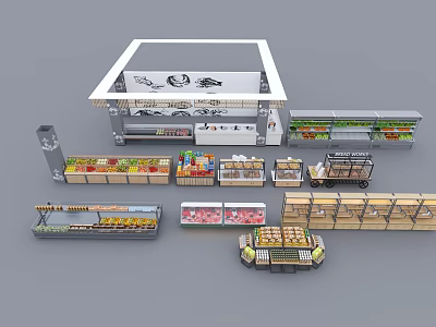 Supermarket Department Store Featuring Various Shelves Fresh Fruits Vegetables Meat and Baked Goods Displays 3d model
