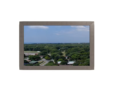 Gray Framed Mirror Reflecting Outdoor Blue Sky White Clouds Green Trees 3d model