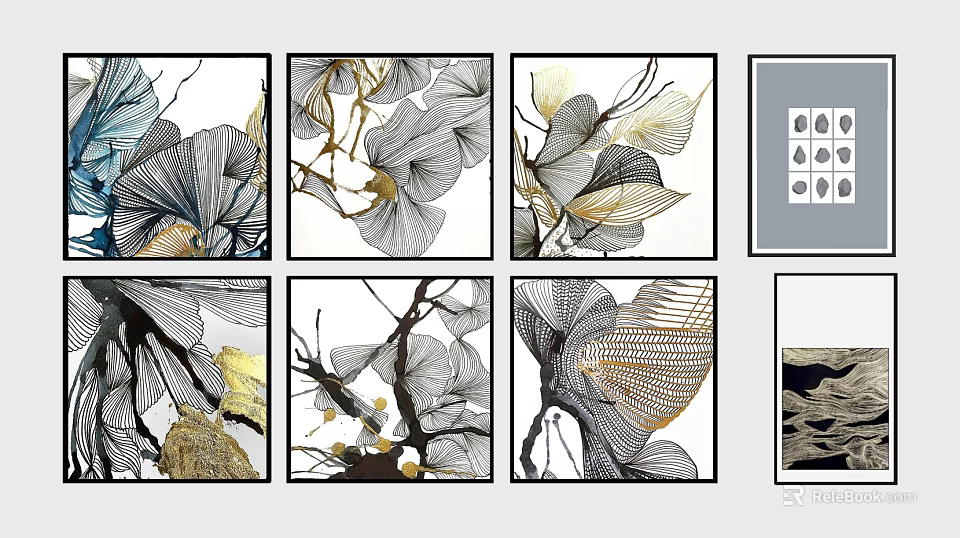 Modern Decorative Wall Art With Gold Black Leaves And Branch Patterns 3d model