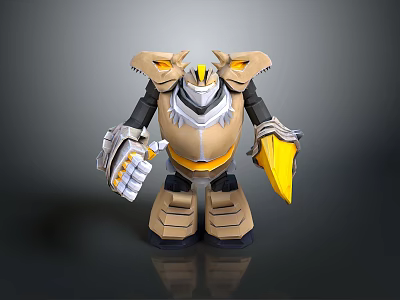 Yellow And Black Robot Character With Armor Shield Claws And Horns 3d model