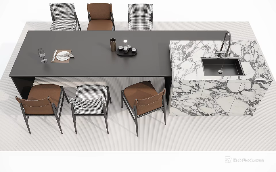 Stylish Dining Table Set Featuring Black Tabletop Mixed Design Chairs And Marble Kitchen Island 3d model
