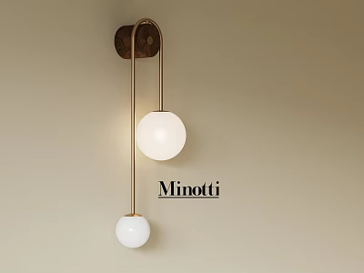 Minotti Modern Wall Lamp With Brass Frame And White Spherical Shades On Beige Wall 3d model