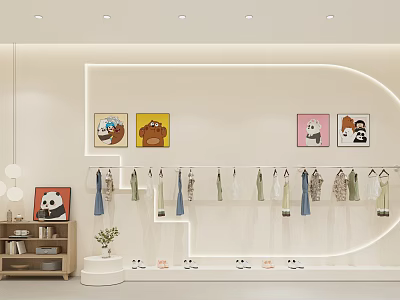 Modern Kids Clothing Store With Hanging Clothes Panda Patterns And Cartoon Decor Shoes 3d model