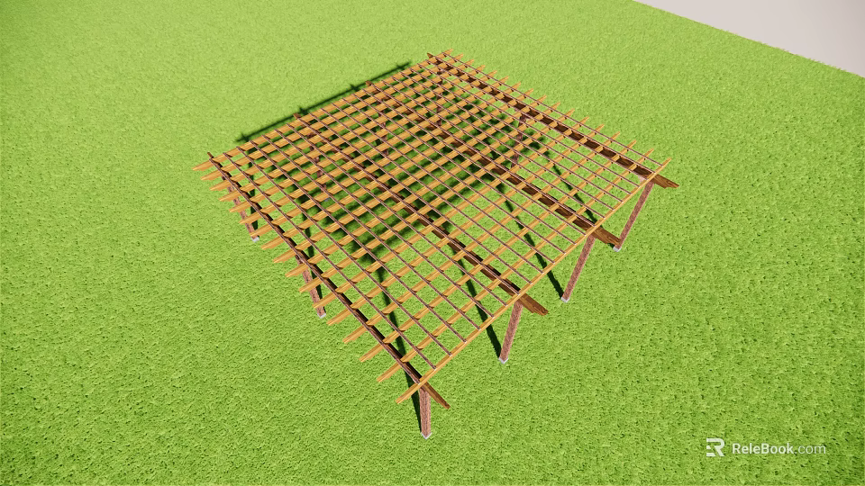 Outdoor Wooden Pergola Design With Lattice Grid Structure On Green Lawn 3d model 
