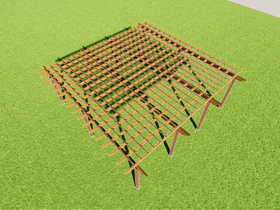 Outdoor Wooden Pergola Design With Lattice Grid Structure On Green Lawn 3d model