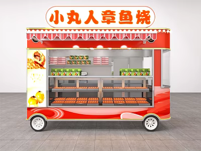 Red Mobile Food Cart For Takoyaki With Display Shelves And Illuminated Signboard 3d model