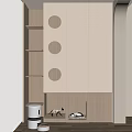 Modern Pet Furniture with Beige Cabinet Circular Holes Shelves and Pet Beds