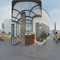 Scenic Roof Garden With City View Gray Tiled Flooring White Walls Outdoor Seating And Lighting