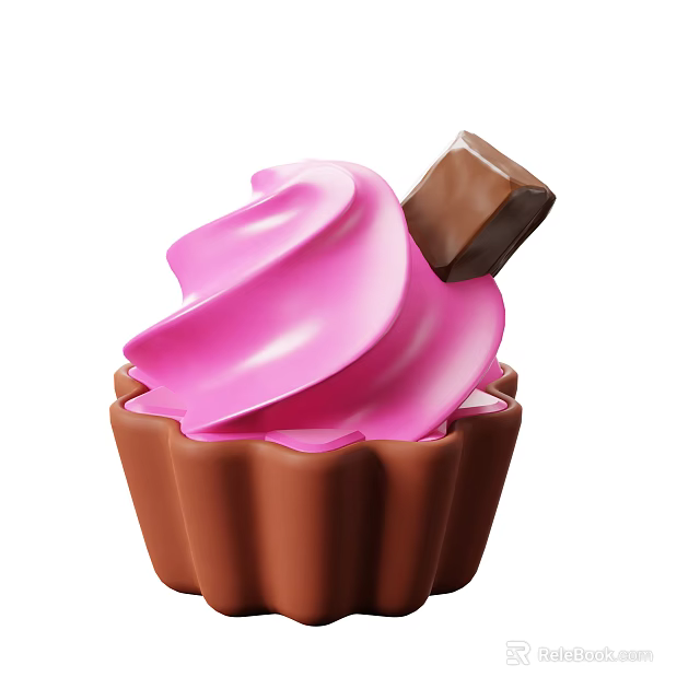 Creamy Pink Ice Cream In Brown Cup Shaped Container With Chocolate Topping 3d model 