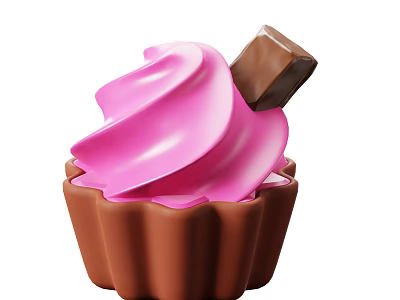 Creamy Pink Ice Cream In Brown Cup Shaped Container With Chocolate Topping 3d model