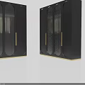 Modern Black Double Door Wardrobe With Gold Handles And Vertical Striped Design