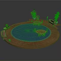Circular Outdoor Patio Design with Wooden Platform Blue Flooring Tables Chairs Sofas and Plants