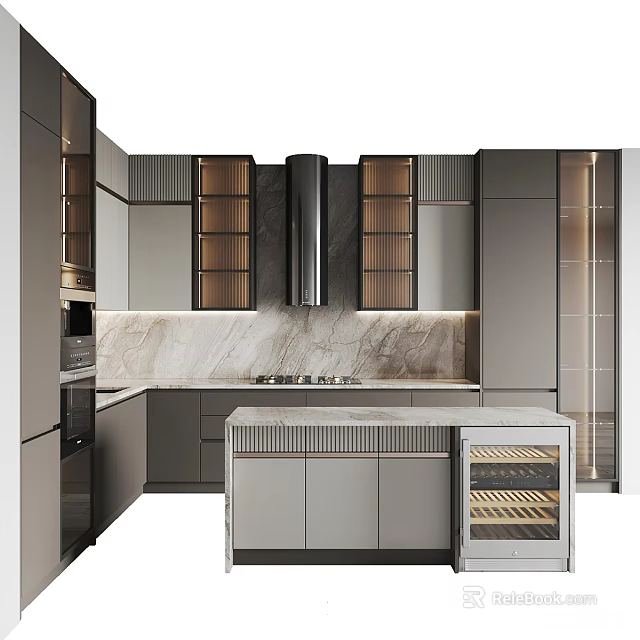 Modern Kitchen With Gray Wooden Cabinets Marble Countertop Island And Built in Wine Rack 3d model 