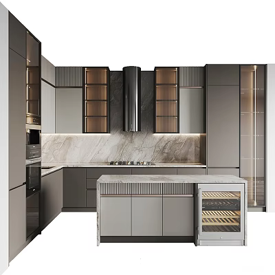 Modern Kitchen With Gray Wooden Cabinets Marble Countertop Island And Built in Wine Rack 3d model