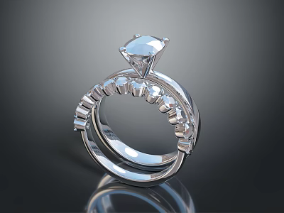 Elegant Diamond Ring With Large Central Stone And Small Accent Diamonds On Silver Band 3d model