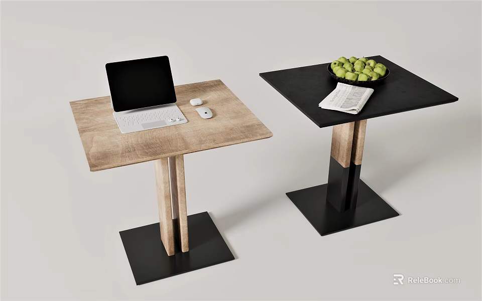 Two Different Design Tables With Laptop Mouse Green Apples And Magazine 3d model 