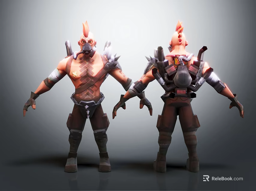 Two Horned Masked Fantasy Creature Characters With Muscular Upper Body Armor And Leather Pants 3d model 