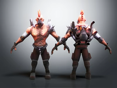 Two Horned Masked Fantasy Creature Characters With Muscular Upper Body Armor And Leather Pants 3d model