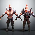 Two Horned Masked Fantasy Creature Characters With Muscular Upper Body Armor And Leather Pants