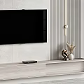 Modern Minimalist TV Wall Design With Stone Tile Backdrop Wooden Media Console And Decorative Ornaments
