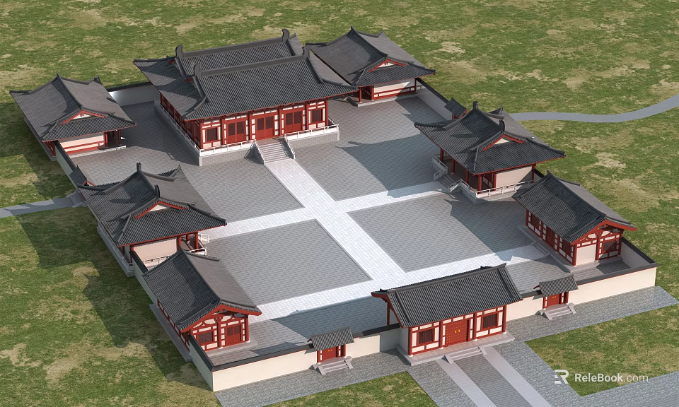 Ancient Architectural Complex With Black Tiled Roofs Red Columns And Stone Courtyard 3d model 