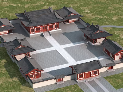 Ancient Architectural Complex With Black Tiled Roofs Red Columns And Stone Courtyard 3d model