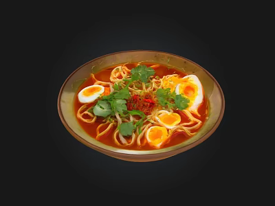 Delicious Ramen Bowl With Soft Boiled Eggs Cilantro And Red Broth 3d model