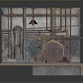 Old Industrial Machine With Rusted Pipes And Metal Barrel In Workshop Setting
