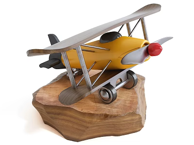 Yellow Biplane Airplane Model With Silver Wings Red Propeller And Wheels On Wooden Base 3d model