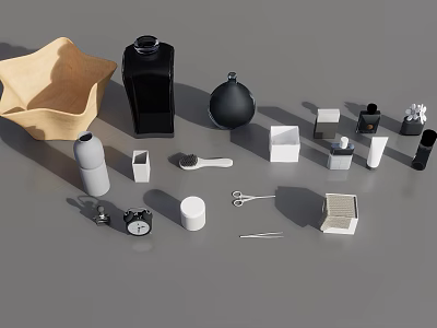 Stylish Perfume and Cosmetics Display With Various Bottles Containers and Tools 3d model