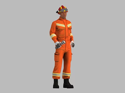 A Man in Orange Firefighter Uniform With Helmet Reflective Strips and Gloves 3d model