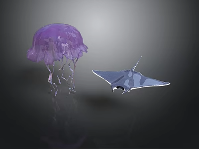 Purple Jellyfish Floating with Transparent Manta Ray Swimming in Dark Background 3d model
