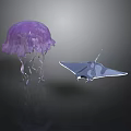 Purple Jellyfish Floating with Transparent Manta Ray Swimming in Dark Background