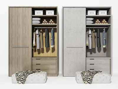 Modern Wooden And Gray Wardrobe Interior With Hanging Clothes Drawers And Top Storage Boxes 3d model