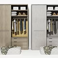 Modern Wooden And Gray Wardrobe Interior With Hanging Clothes Drawers And Top Storage Boxes