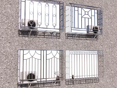 Ornate Metal Window Railings With Various Designs On Building Exterior 3d model
