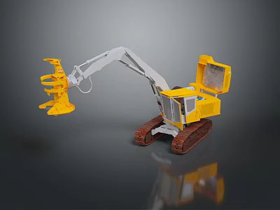 Yellow Utility Vehicle with Mechanical Arm Brown Tracks and Cab 3d model