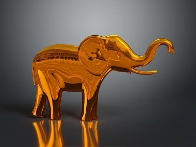 Golden Elephant Sculpture with Metallic Texture Shiny Surface Standing Pose and Reflection 3d model