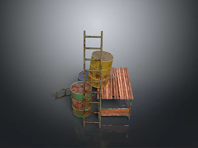 Rustic Industrial Scenery Featuring Colorful Barrels Wooden Platform And Ladder 3d model