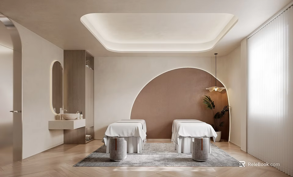 Modern SPA Interior With Neutral Tones Arched Wall And Massage Tables 3d model 