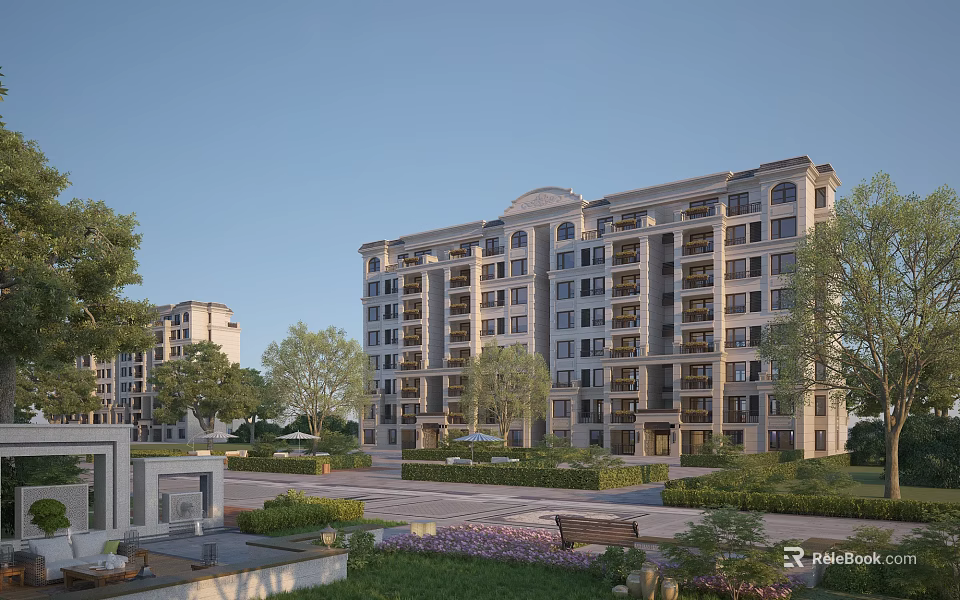 Elegant Mid Rise Residential Building Exterior With Landscaped Gardens Trees And Lawns 3d model 