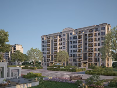 Elegant Mid Rise Residential Building Exterior With Landscaped Gardens Trees And Lawns 3d model